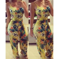Fashionable Floral Print Spaghetti Strap Backless Jumpsuit For Women yellow