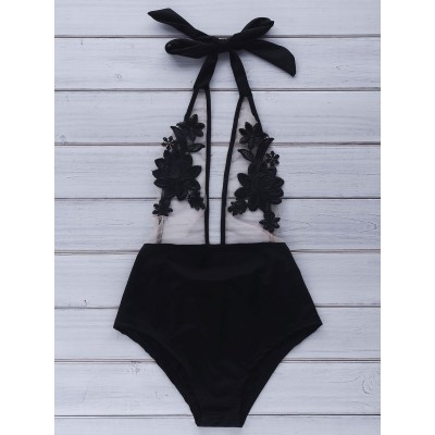 Fashionable Halter Voile Spliced Floral Pattern Backless Swimwear For Women black