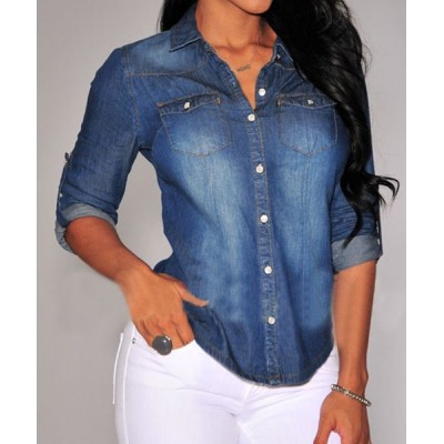 Fashionable Shirt Collar Long Sleeve Pocket Design Denim Shirt For Women blue