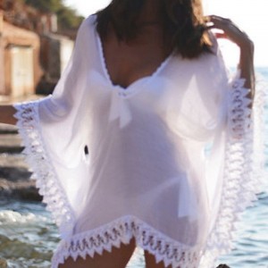 Lace Splicing Stylish V-Neck 3/4 Sleeve Cover-Up For Women white