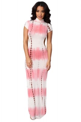 Open Back Pink Tie Dye Print Cheongsam Maxi Dress