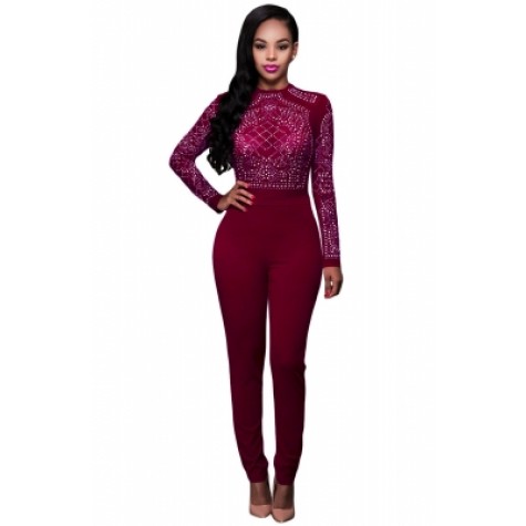 Red Long Sleeves Rhinestone Mesh Bodice Formfitting Jumpsuit (Red Long ...