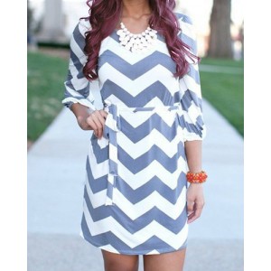 Ripple Print Lace-Up Stylish Scoop Neck 3/4 Sleeve Dress For Women blue white