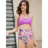 Sexy Halter High Waist Floral Print Bikini Set For Women purple