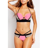 Sexy Halter Lace-Up Color Block Bowknot Design Bikini Set For Women pink black
