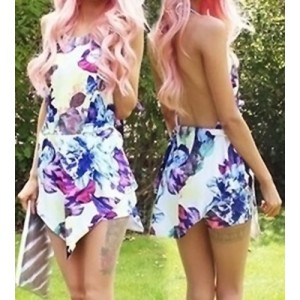 Sexy Halter Sleeveless Backless Floral Print Asymmetrical Romper For Women blue red white
