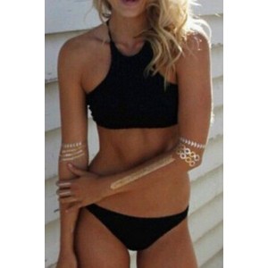 Sexy Halter Solid Color Two-Piece Swimsuit For Women black