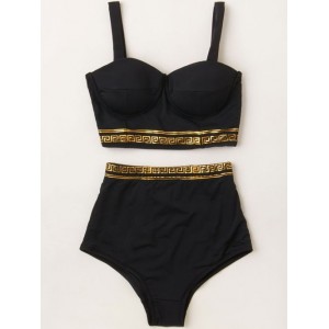 Sexy High-Waisted Contrasting Piped Women's Bikini Set black gold