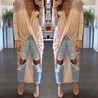 Sexy Plunging Neck Curly Wrapped Pure Color Irregular Blouse For Women apricot