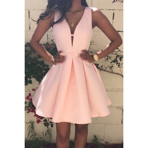 Sexy Plunging Neck Sleeveless Solid Color Zippered Dress For Women pink