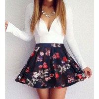 Sexy Plunging Neckline Floral Print Long Sleeve Dress For Women black white