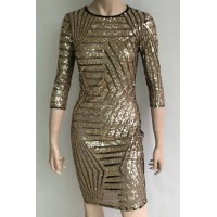 Sexy Round Collar 3/4 Sleeve Sequined See-Through Dress For Women gold