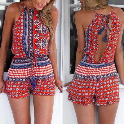 Sexy Round Collar Sleeveless Printed Hollow Out Romper For Women red blue