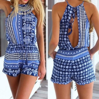 Sexy Round Collar Sleeveless Printed Hollow Out Romper For Women red blue