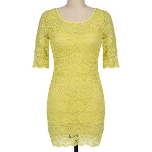 Sexy Scoop Collar Half Sleeve Solid Color Backless Lace Dress For Women YELLOW