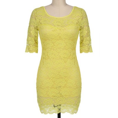 Sexy Scoop Collar Half Sleeve Solid Color Backless Lace Dress For Women YELLOW