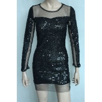 Sexy Scoop Collar Long Sleeve See-Through Sequined Dress For Women black