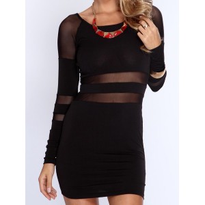 Sexy Scoop Collar Long Sleeve Solid Color See-Through Dress For Women black