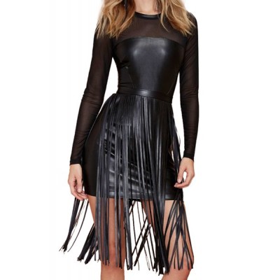 Sexy Scoop Collar Long Sleeve Spliced Fringe Design Dress For Women black