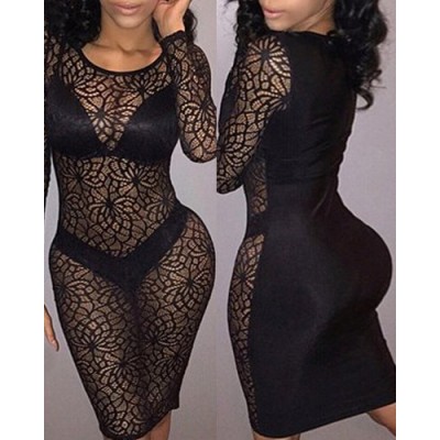 Sexy Scoop Neck Long Sleeve See-Through Hollow Out Dress For Women black