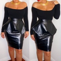 Sexy Slash Collar Long Sleeve Spliced Solid Color Club Dress For Women black