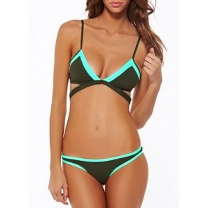 Sexy Spaghetti Strap Color Block Push Up Bikini Set For Women green black