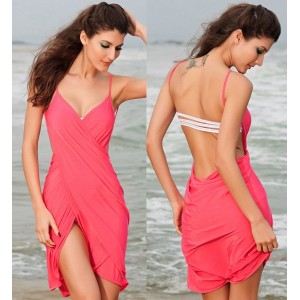 Sexy Spaghetti Strap Solid Color Backless Cover Up For Women red