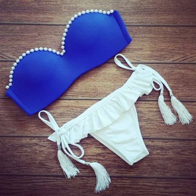 Sexy Strapless Fringed Beaded Bikini Set For Women blue white