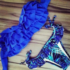 Sexy Strapless Printed Flounced Layered Bikini Set For Women blue