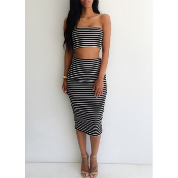 Sexy Strapless Sleeveless Striped Tube Top + High-Waisted Skirt Twinset For Women white black