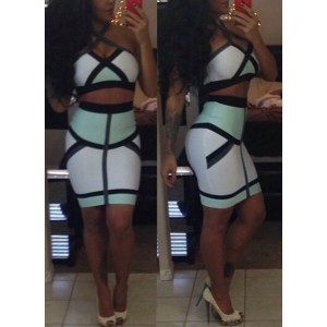 Sexy Strappy Color Block Crop Top and Bodycon Skirt Suit For Women green white