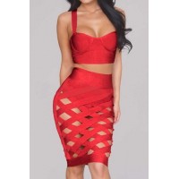 Sexy Sweetheart Neck Sleeveless Tank Top + High-Waisted Cut Out Skirt Twinset For Women gray red