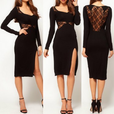 Sexy V-Neck Long Sleeve See-Through Furcal Dress For Women black