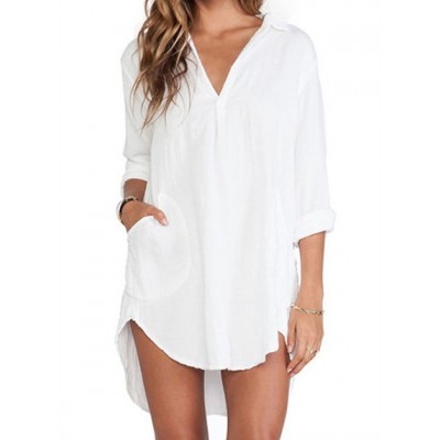 Sexy V-Neck Long Sleeve Solid Color High-Low Hem Dress For Women white