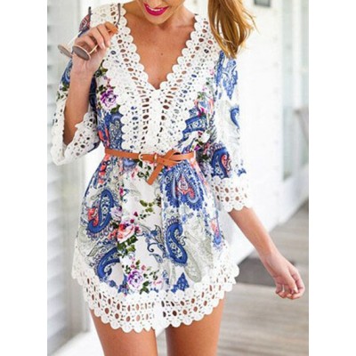 Sexy V-Neck Paisley Lace Embellished Dress For Women white