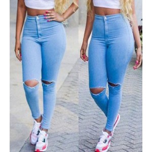 Solid Color Broken Hole Skinny Stylish Jeans For Women blue