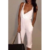 Solid Color Double-Pocket Sexy Plunging Neck Sleeveless Jumpsuit For Women white