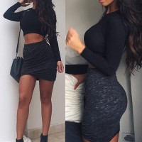 Solid Color Sexy Round Neck Long Sleeve Crop Top + Skinny Skirt Twinset For Women black