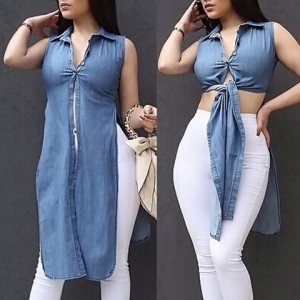 Solid Color Side Slit Stylish Turn-Down Collar Sleeveless Blouse For Women blue