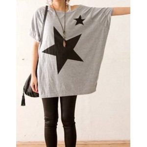 Star Print Trendy Scoop Neck Batwing Sleeve T-Shirt For Women gray white