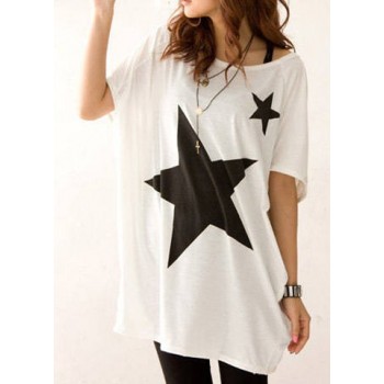 Star Print Trendy Scoop Neck Batwing Sleeve T-Shirt For Women gray white