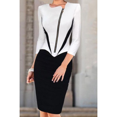 Style Round Neck Long Sleeve Spliced Slimming Pencil Dress For Women white black