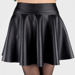 Stylish Elastic Waist Solid Color Faux Leather Skirt For Women black