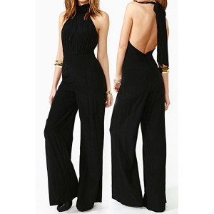 Stylish Halter Sleeveless Solid Color Lace-Up Backless Jumpsuit For Women black