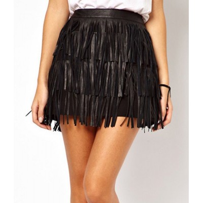 Stylish High-Waisted Fringe Embellished Solid Color Skirt For Women black