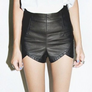 Stylish High-Waisted Zippered Asymmetrical Faux Leather Shorts For Women black