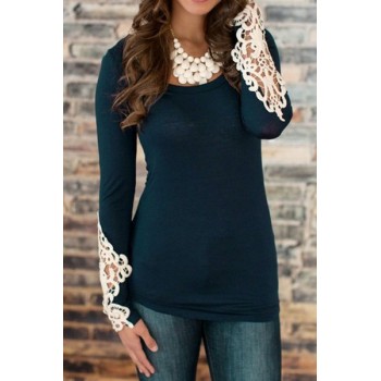 Stylish Long Sleeve Scoop Neck Lace Embellished T-Shirt For Women DEEP BLUE, GREEN, PINK