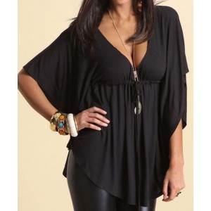 Stylish Loose-Fitting Plunging Neckline Solid Color 1/2 Sleeve T-Shirt For Women black