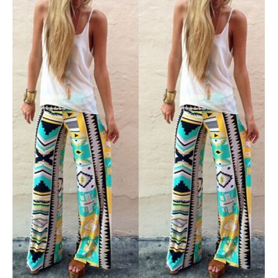 Stylish Mid-Waisted Geometric Print Loose-Fitting Pants For Women white yellow