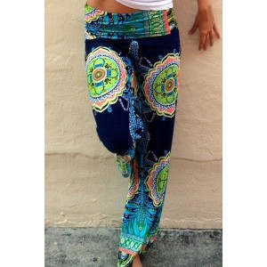 Stylish Mid-Waisted Printed Loose-Fitting Pants For Women blue